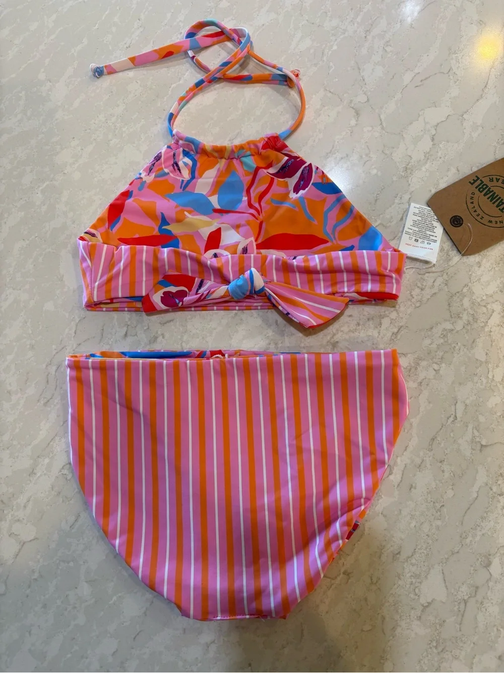 Snapper Rock Pink and Orange Reversible Halter Girls' Bikini Set 5-6Y UPF 50+